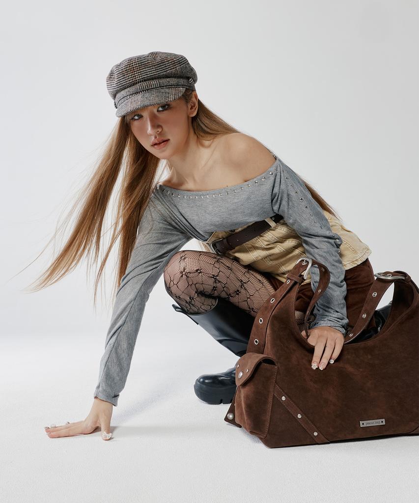 Peanut Loop Stud Buckle Suede Bag Brown