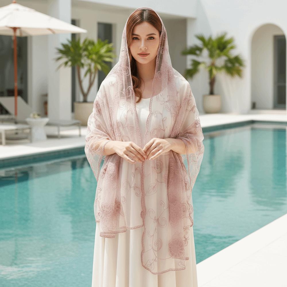 Lightweight Sheer Shawl Embroidered Mesh Stole Neck Wrap Floral Headwrap  Sun Protection