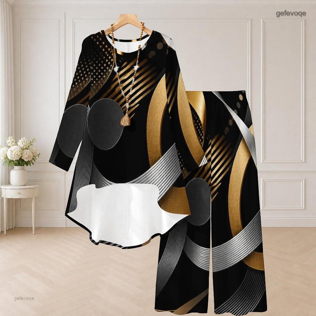 Women Plus Size Round Neck Long Sleeve High Low Top Wide Leg Pants Black Blue Printed Two Piece Set