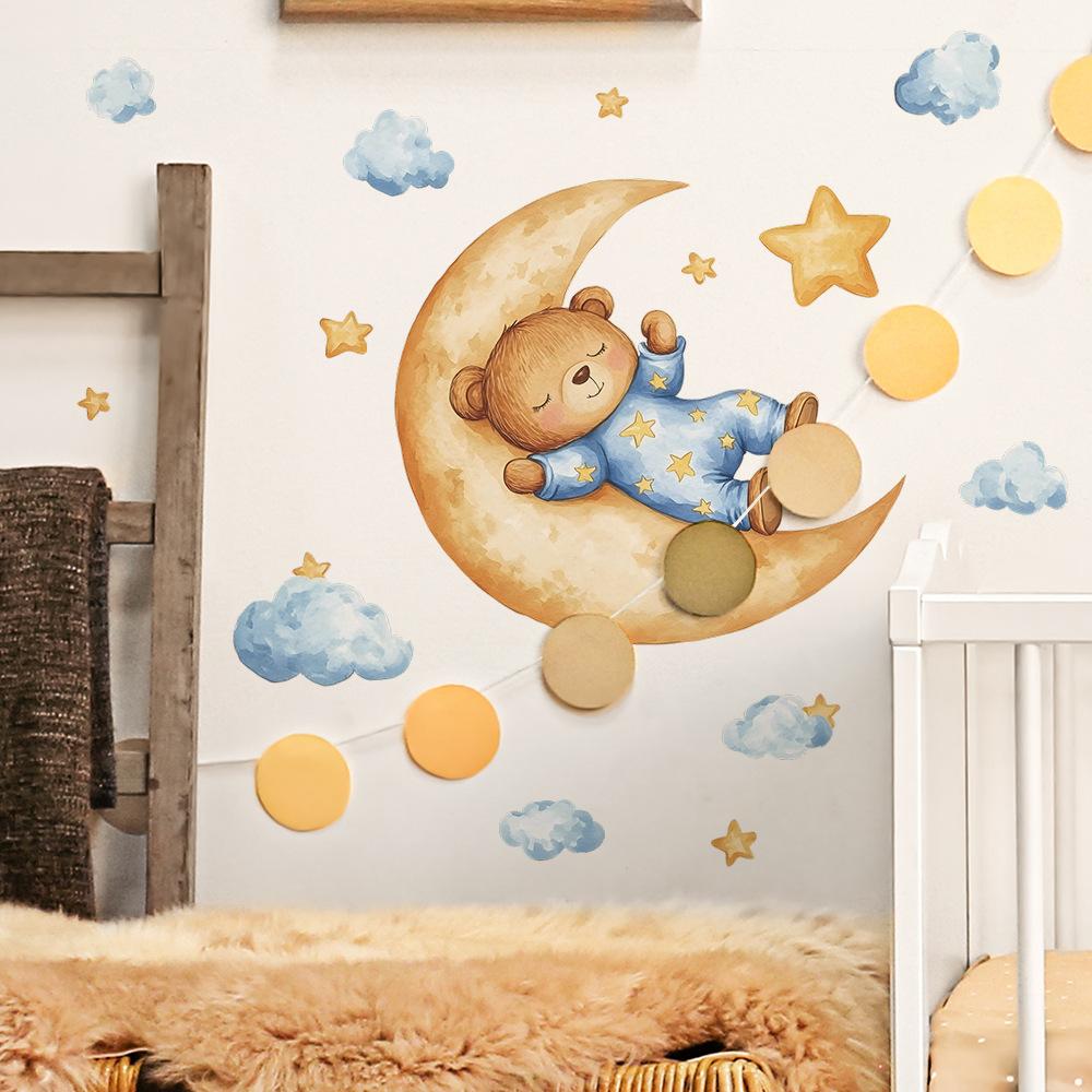 Cartoon Goodnight Bear Moon Bedroom Living Room Background Beautification and Decoration Wall Stickers