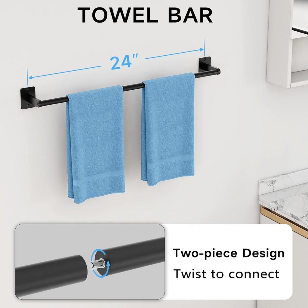 Matte Black 4-Piece Bathroom Accessories Set Aluminum Stainless Steel 24" Towel Bar Robe Hooks Toilet Paper Holder Wall-Mounted