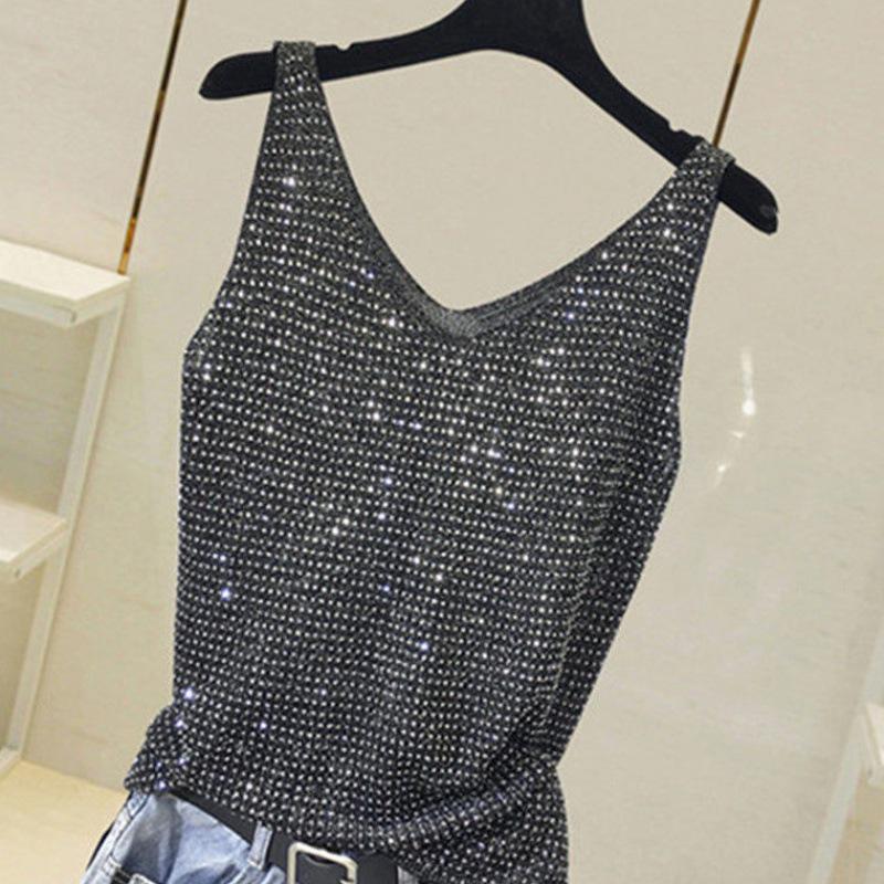 

2024 Майка из ледяного шелка со стразами: Универсальный летний топ без рукавов One Size чёрный