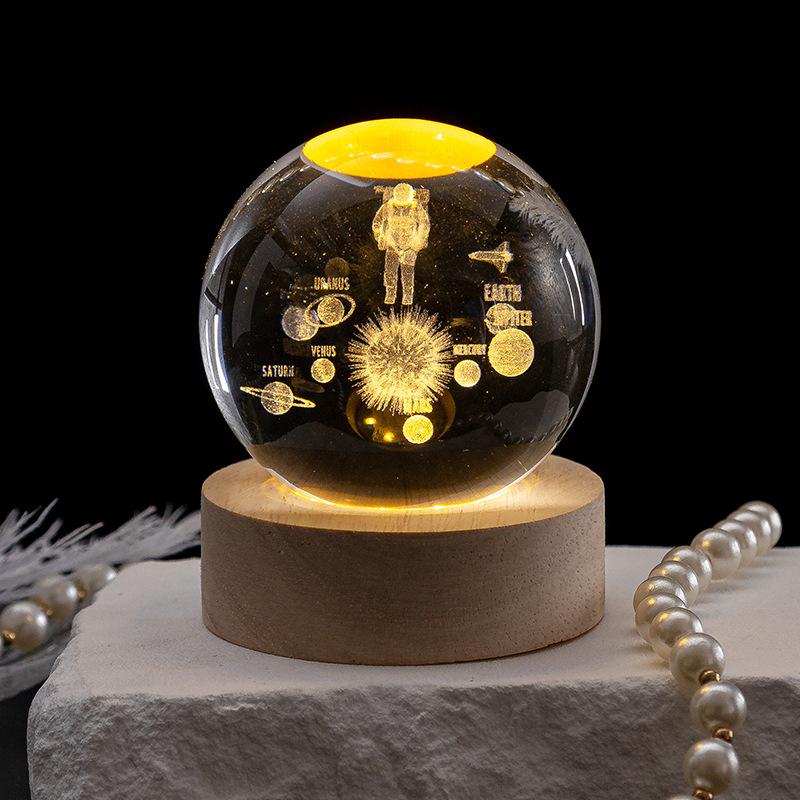 3D Crystal Ball Sculpture Laser Carving Solar System Statuary Astronomy Planets Glass Ball Statue Festival Gift Home Decoration