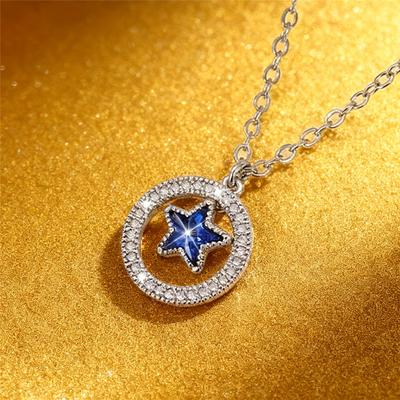 Cute Female White Blue Zircon Stone Star Pendant Necklace Vintage Silver Color Wedding  For Women