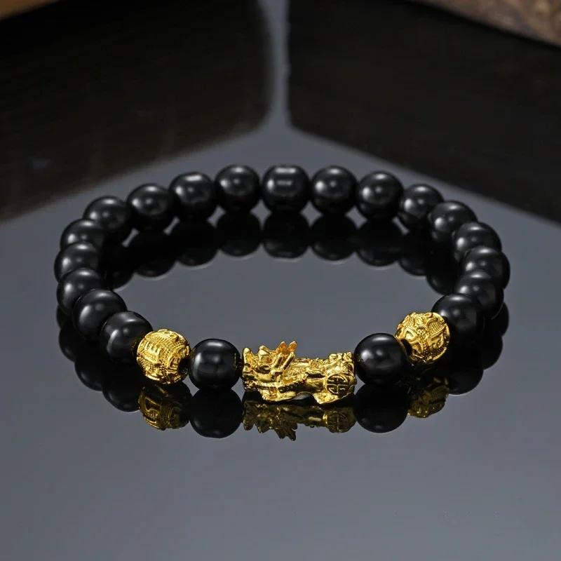 

Браслет богатства из черного обсидиана, регулируемый браслет с отрицательными энергиями и золотым браслетом-амулетом Pi Xiu Lucky Wealthy 8mm