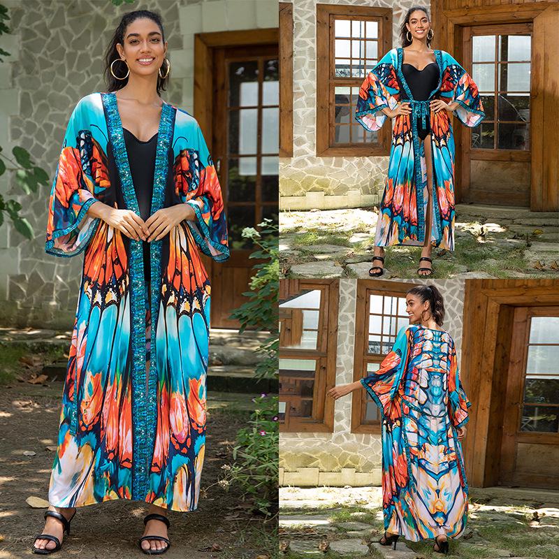 

Женский хлопковый кардиган средней длины с принтом для отпуска, пляжная накидка, 2025 One Size