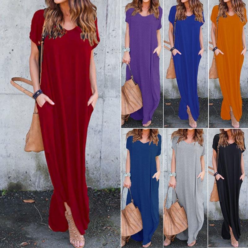 Premium Quality Women Summer Maxi T-shirt Dress With Short Sleeves And Pockets