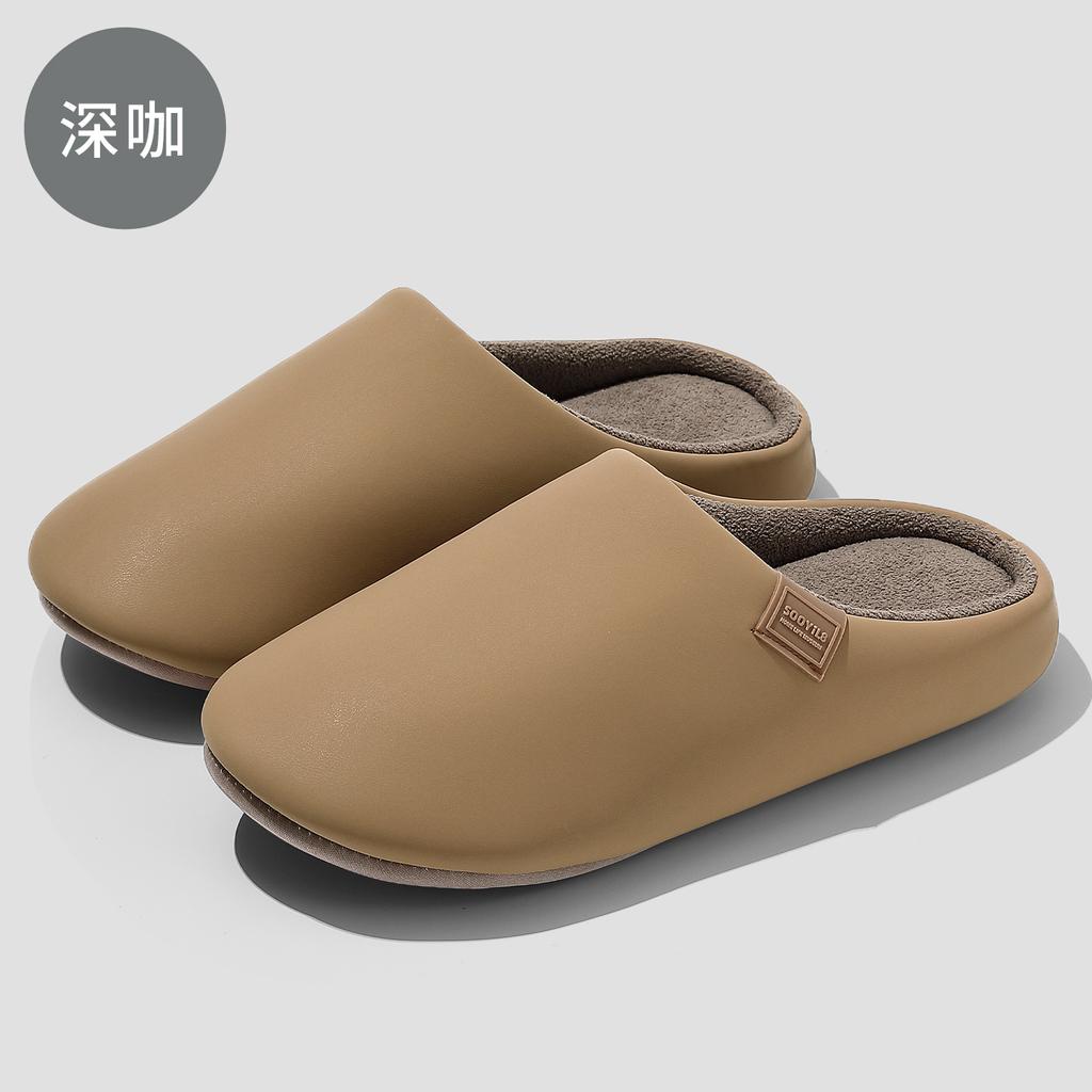 pu waterproof cotton slippers winter plush warm indoor household soft bottom silent non-slip autumn and winter cotton mop