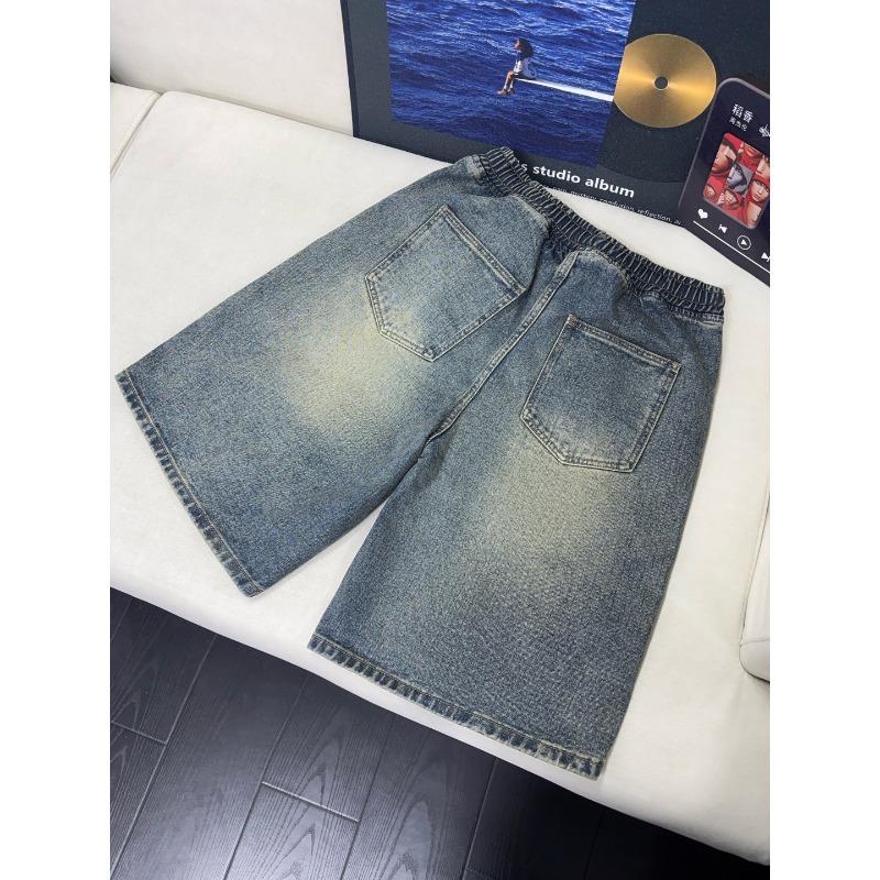 Washed pleated denim shorts men's summer wear shark gills drawstring five-point pants cleanfit casual pants