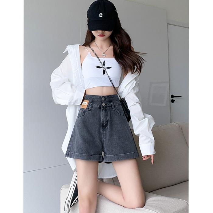 

Double-button Curly Denim Female s Spring and Summer New High-waist Design Relaxed Fit and Slimming Wide-leg A-line Denim Shorts B Practical Use S