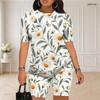 Women Plus Size Blue Rose Floral Printed Round Neck Short Sleeve Two Piece Fitted Shorts Set