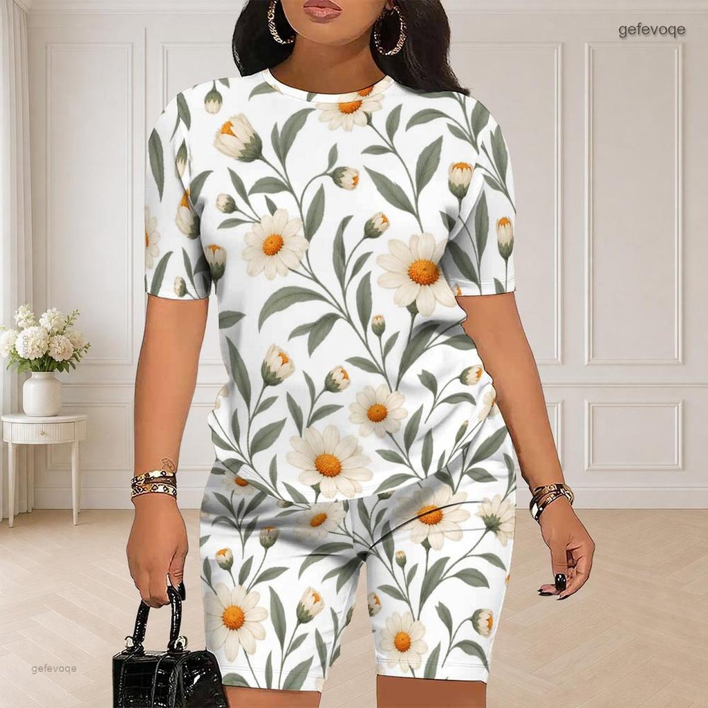 Women Plus Size Blue Rose Floral Printed Round Neck Short Sleeve Two Piece Fitted Shorts Set