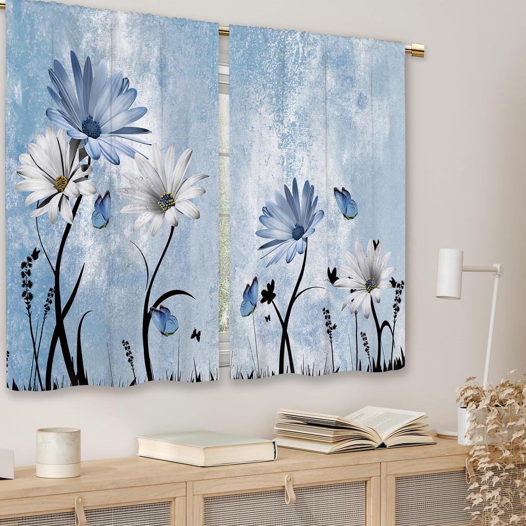 Rustic Retro Blues Daisy and Butterfly Print Half Curtain Short Rod-Style Window Treatment for Kitchen and Bathroom 27.5 x 39 inches
