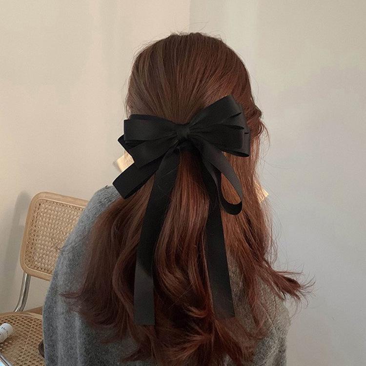 Elegant French Black Hairpin with Large Bow – High-End Korean Hair Accessory