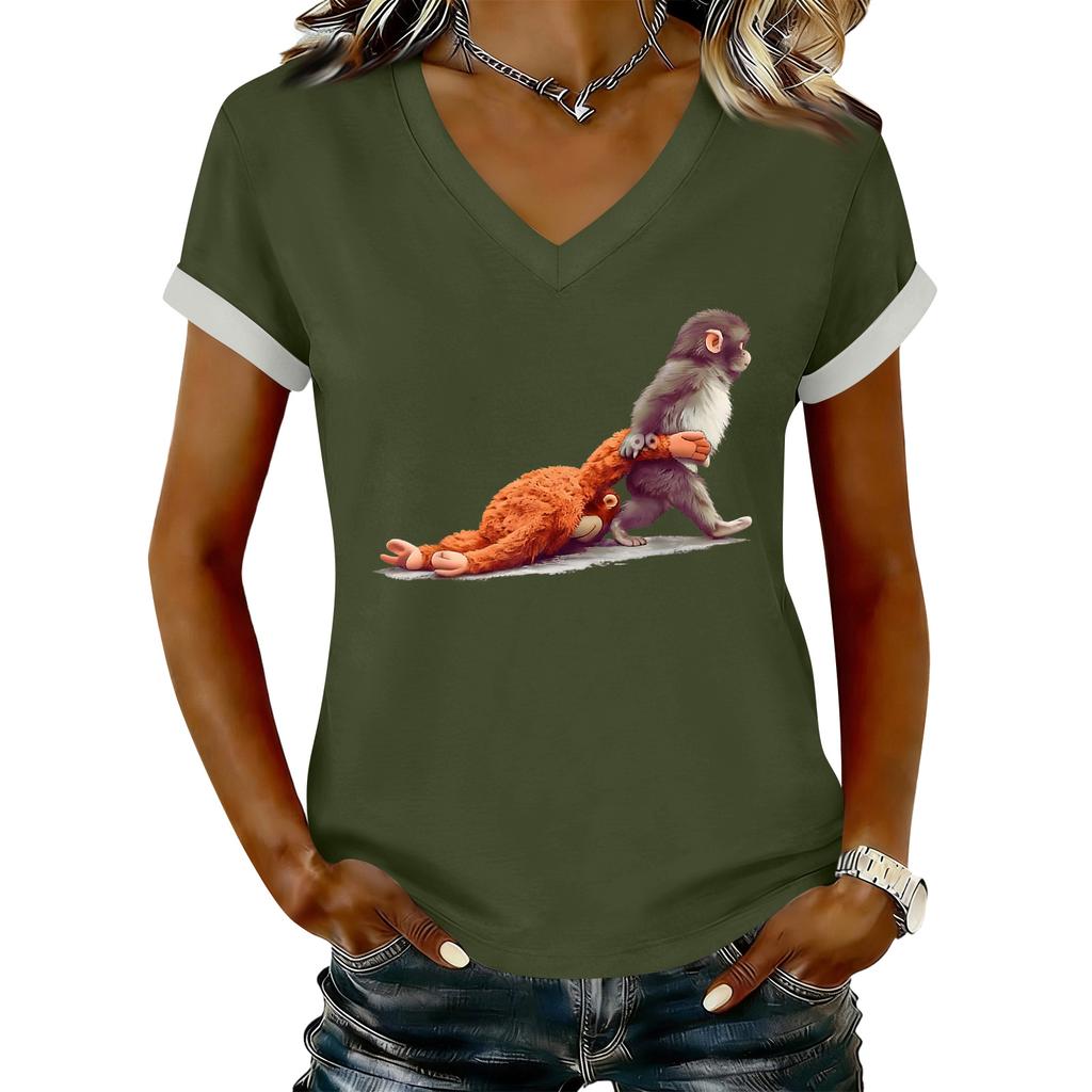 Women's Casual Printed T-Shirt V Neck Pullover Short Sleeve Top