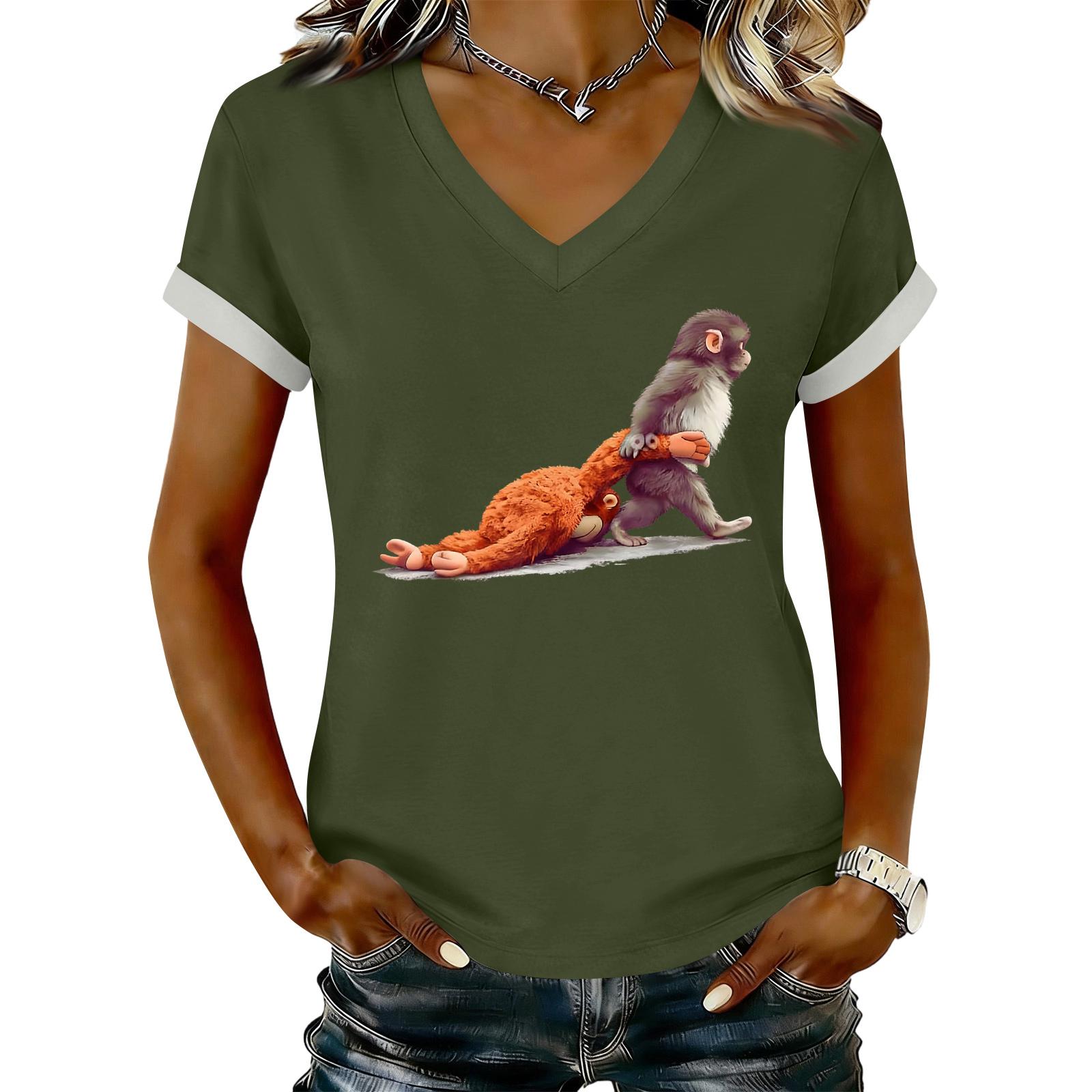 Women s Casual Printed T-Shirt V Neck Pullover Short Sleeve Top XXL
