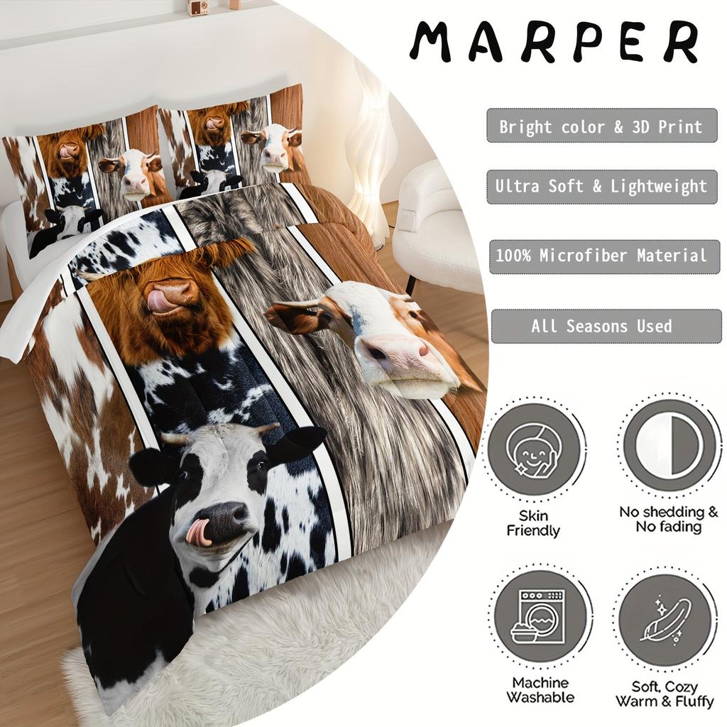Comforter 3Pcs Modern Fashion Bed Set (1 * + 2* Without Core) Farmhouse Cow 3D Print Bedding Set Soft Comfortable