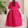 Women's Plus Size Cotton Linen Dress, Loose V-Neck Casual Summer Midi Dress with Pockets (XL-5XL)
