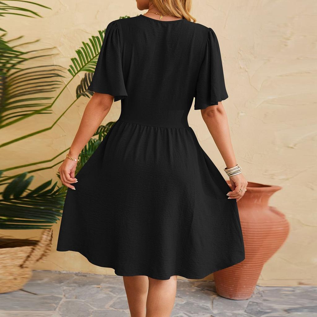 Women's Fashion Casual Solid Color V Nneck Waist Flared Sleeve Pullover Dress