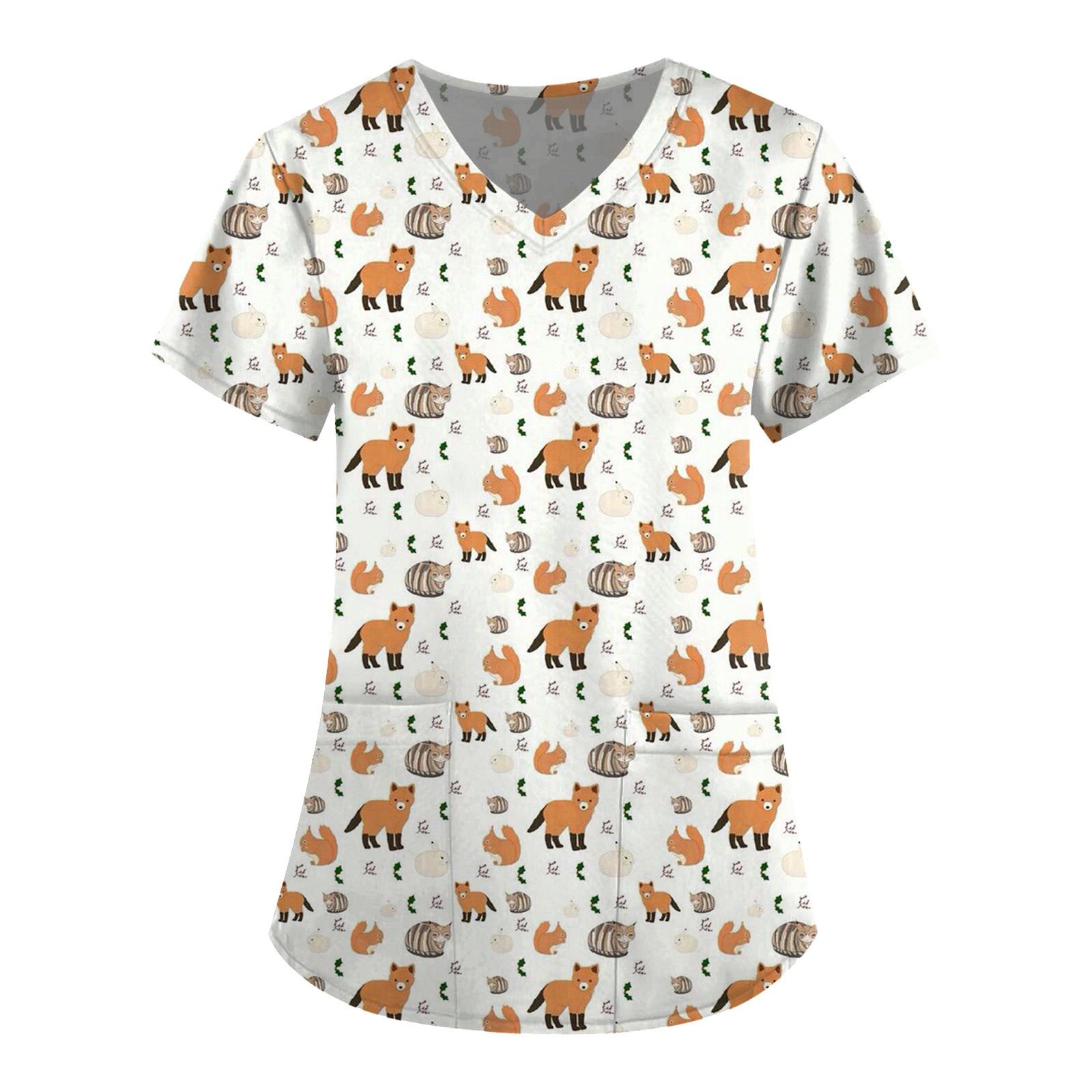 

Women s Short Sleeve V-Neck Cute Animals Printed Pocket Carer Top S