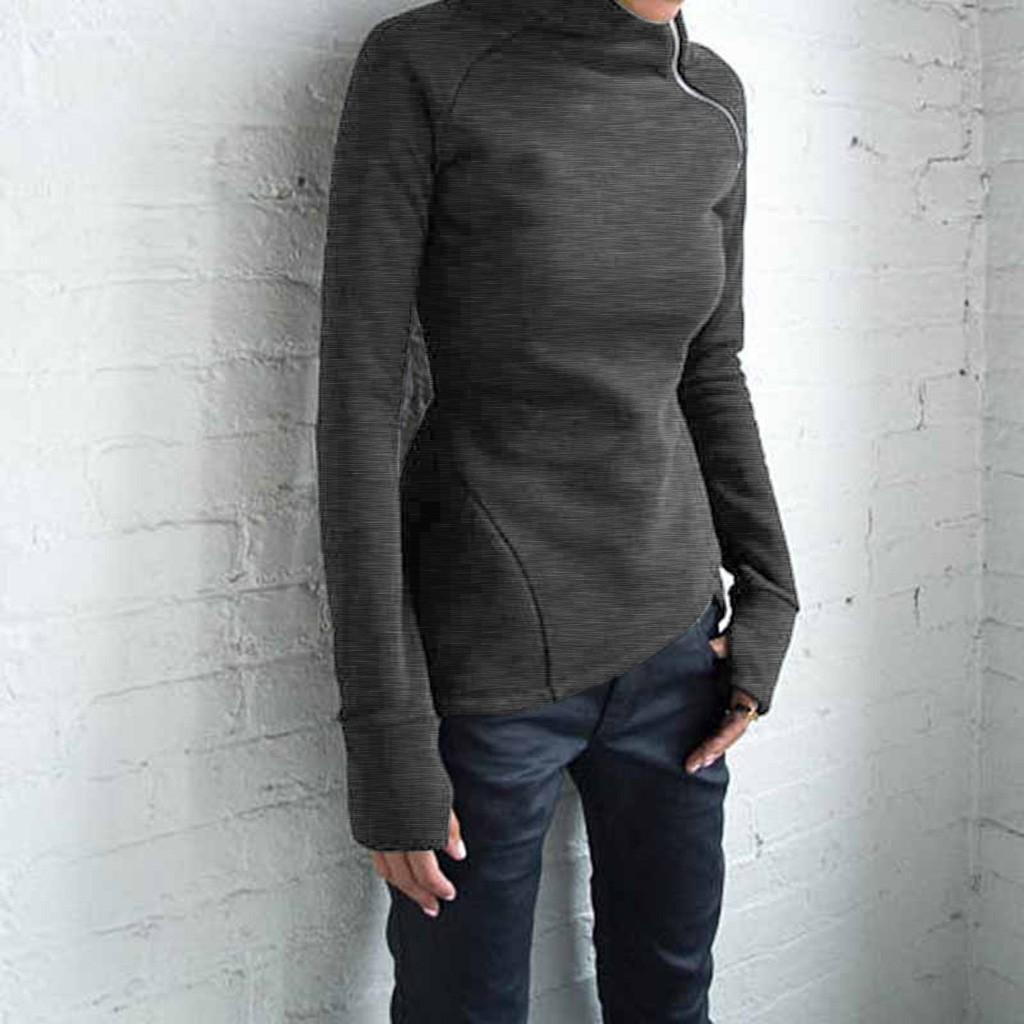 Women Casual Blouse Long Sleeve Pullover Turtleneck Zipper Sweatshirt Tops