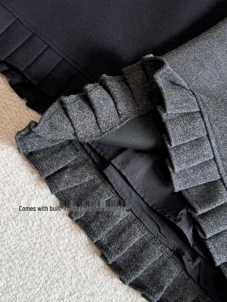 Plus Size Grey Pleated Wool A-Line Mini Skirt for Spring/Autumn