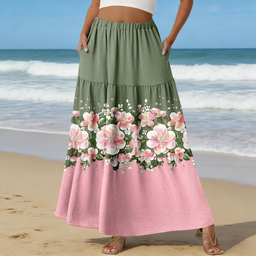 Women's Casual High Waist Drawstring A-line Skirt Color Skirt With Pockets