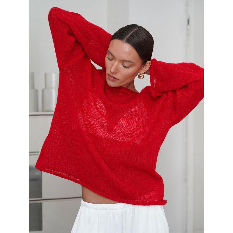 Tooxika Damen Neuer Durchsichtiger Dünner Rundhals Trompetenärmel Ajourstrickpullover