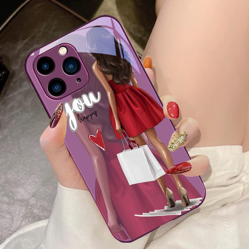 Shopping Cartoon Girl For IPhone 15 Pro 14 13 12 Mini 11 XS Max XR 7 8 Plu SE 2020 2022 Tempered Glass Phone Case