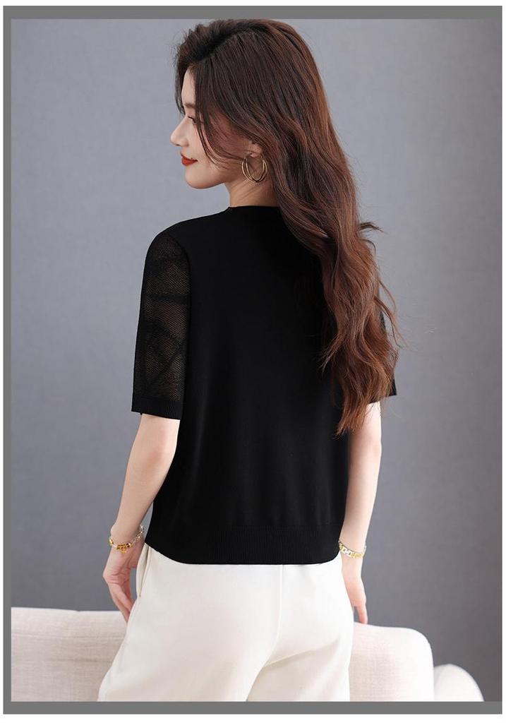 Women's Summer Ice Silk V-Neck Lace Knit T-shirt: Age-Defying, Tummy-Concealing Short Sleeve for Mid-Aged Moms 40s.
