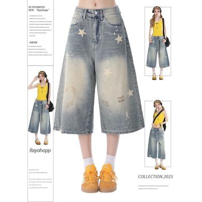 Women American Retro Distressed Star Print Loose Denim Cropped Pants