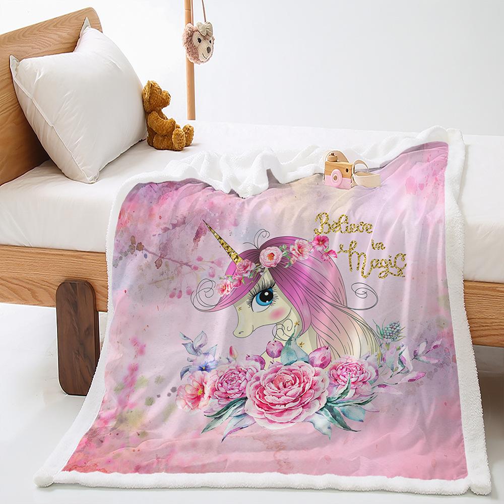 2D Digital Printed Cover Blanket Unicorn Cartoon Thickened Lamb Fleece Crystal Plush Blanket