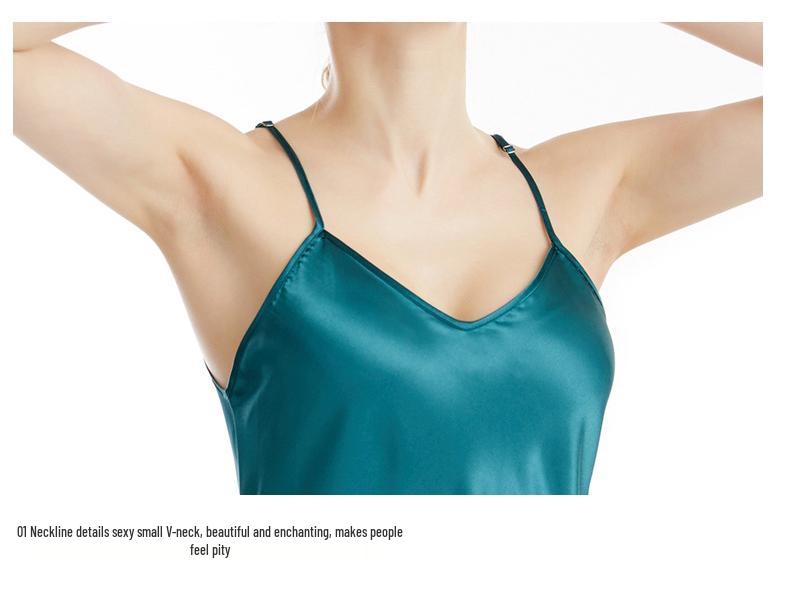 Elegante Zijden Nachtjapon met Spaghettibandjes, V-hals, Slim Fit, Effen Kleur, Zomer