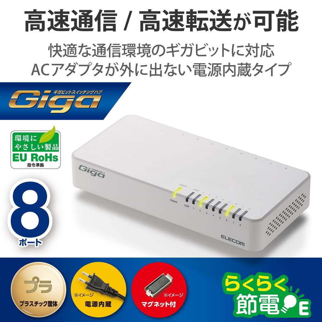ELECOM Gigabit Ethernet Switching Hub, 8 Ports, Plastic, Magnetic, Built-in Power Supply, White EHC-G08PN2-JW