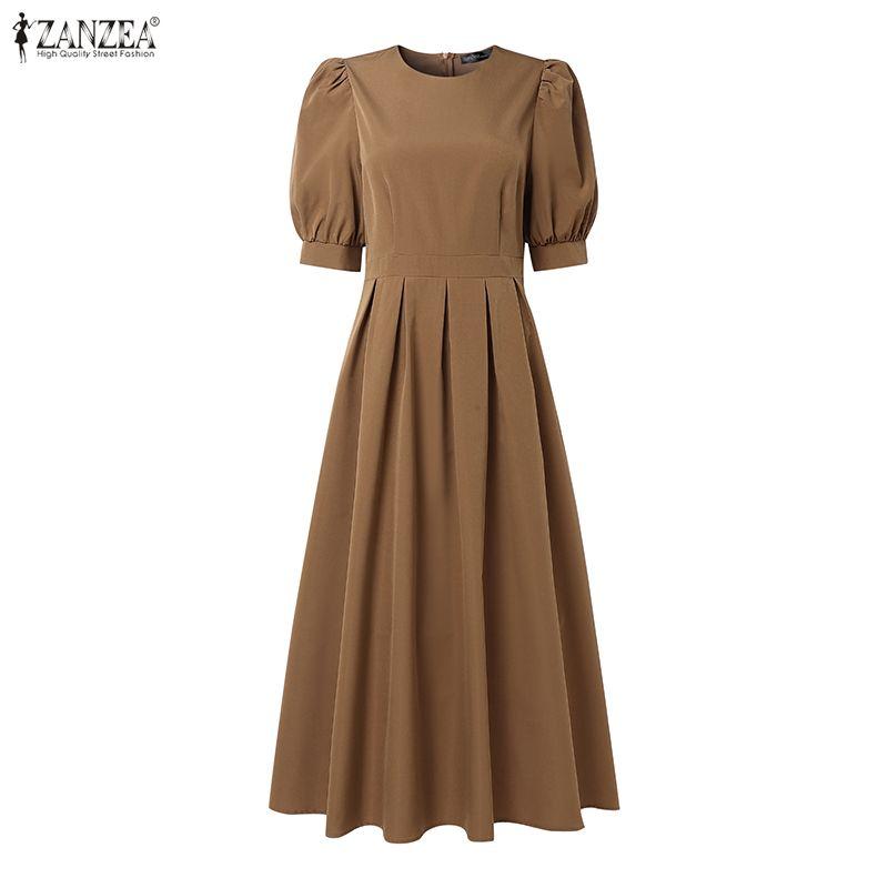 ZANZEA Damen Elegantes Puff-Kurzarm Freizeit-Langkleid