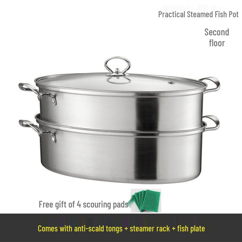 304 Stainless Steel Oval Steamer Pot, 38cm, Large Capacity, Induction Compatible, Multifunctional Steamer Basket for Fish.