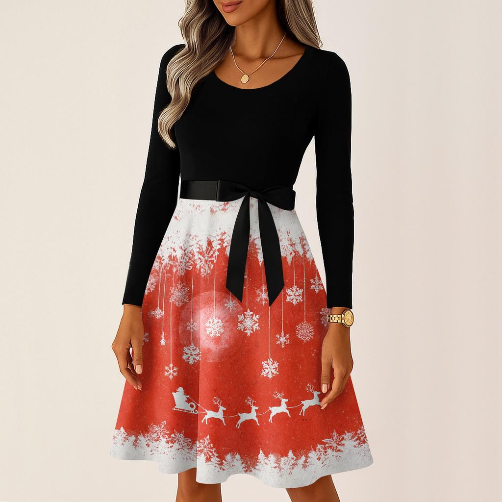 Rochii lungi de epocă, cu mâneci lungi, cu mâneci lungi, cu imprimeu grafic de Crăciun