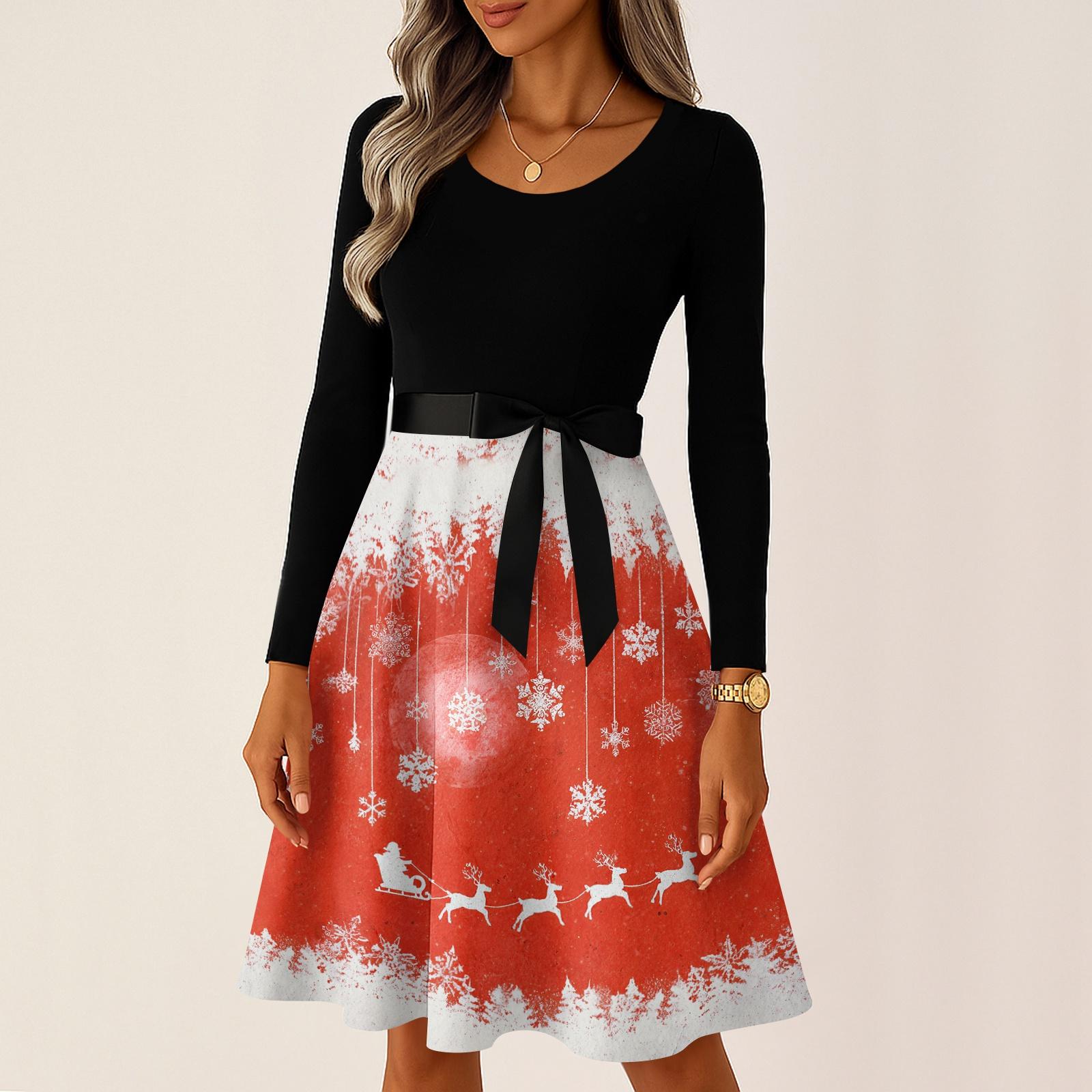 

Жіночі повсякденні модні вінтажні довгі сукні з різдвяними графічними принтами з довгими рукавами S помаранчевий