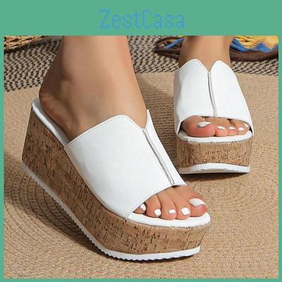 Low Size Large Thick Slippers For Women Casual And Fashionable Open Toed Solid Color Wedge Heel Shoes