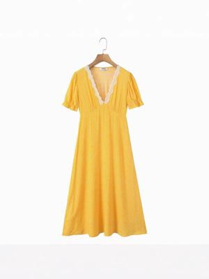 2025 Autumn/Winter Women's Lace Patchwork Polka Dot Short-Sleeve Dress