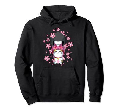 Japanese Cute Kokeshi Doll Kimono and Lucky Cat Hoodie