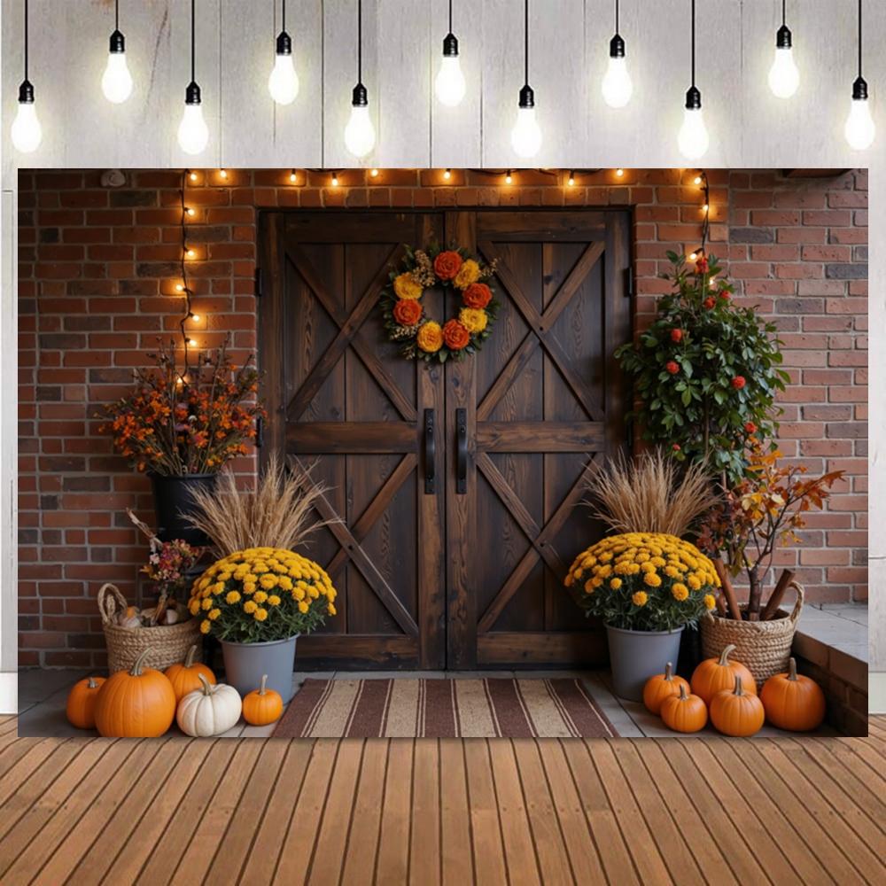 Blissful Autumn Harvest Theme Photography Background Forest Maple Fallen Leaves Window Pumpkins Sunflower Photo Backdrop Decor12