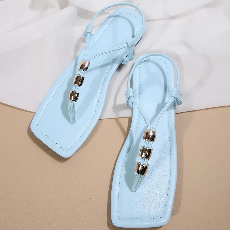 New for Women Beach Street Flip Flops Flat Shoes 2025 Summer Women's Sandals Bottomed Square Toe Beaded Sandals Zapatos De Mujer
