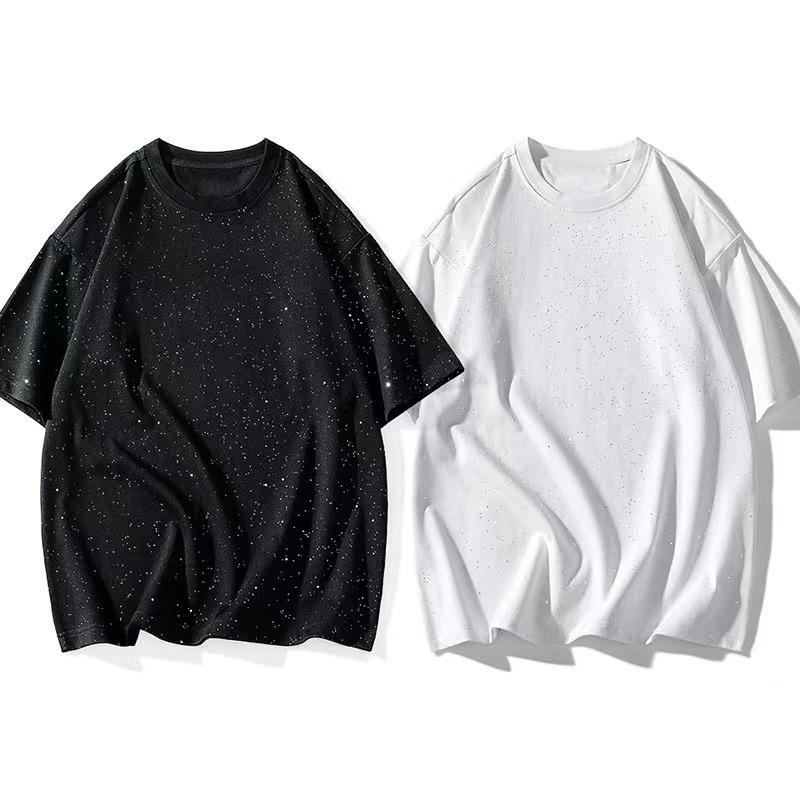 Gładki T-shirt z krótkim rękawem z czystej bawełny z okrągłym dekoltem, luźny, błyszczący, czarno-biały, cekinowy