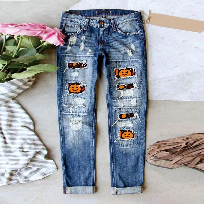 Hipster Halloween Pumpkin Funny Ripped Printed Jeans Women's Mid-Waist Straight Pants