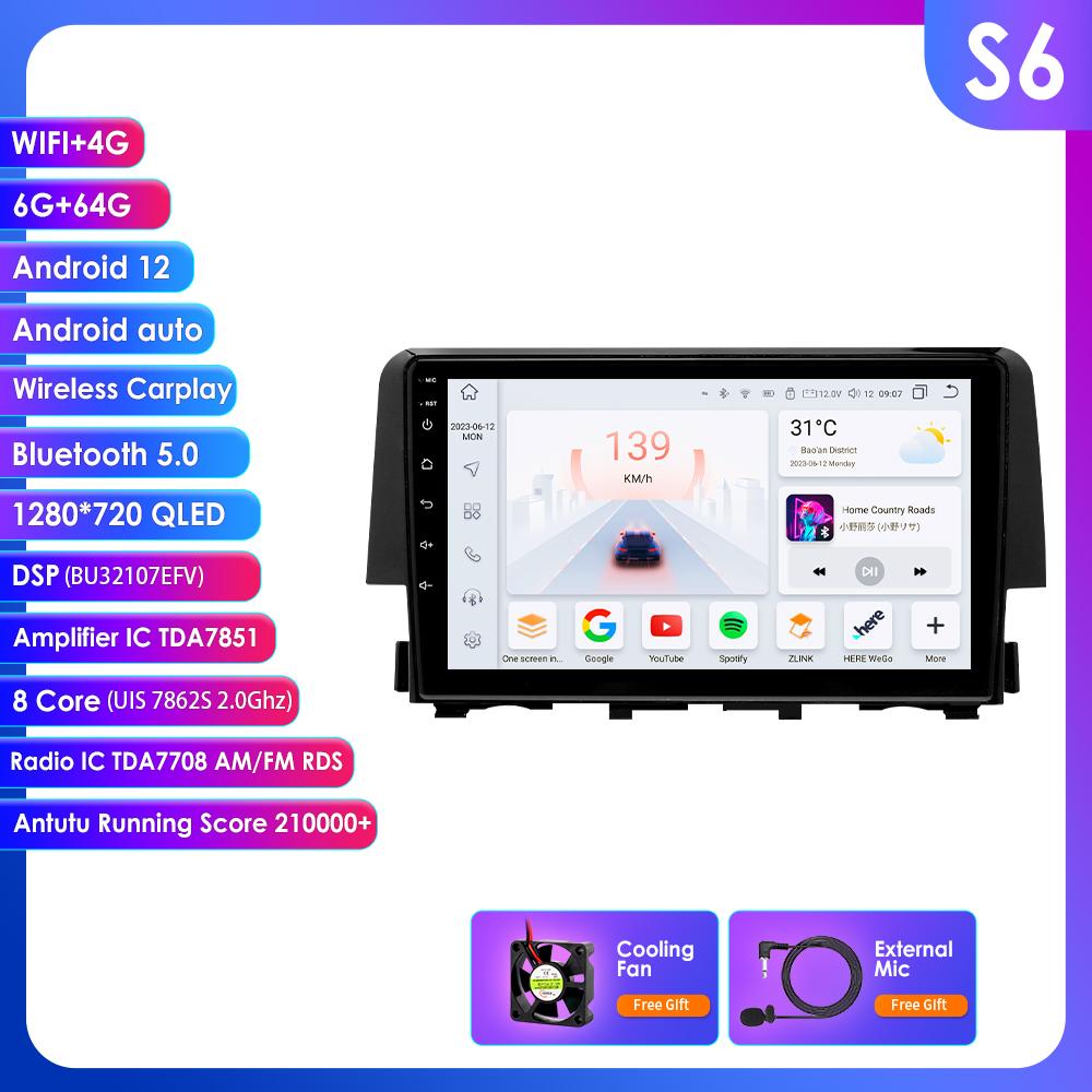 

OSSURET 2din Android Автомагнитола для Honda Civic 10-го поколения 2015 - 2021 Авторадио Мультимедийный Видеоплеер GPS Навигация Головное Устройство Интеллектуальный Carplay 4G BT S6 8Core 6G 64G