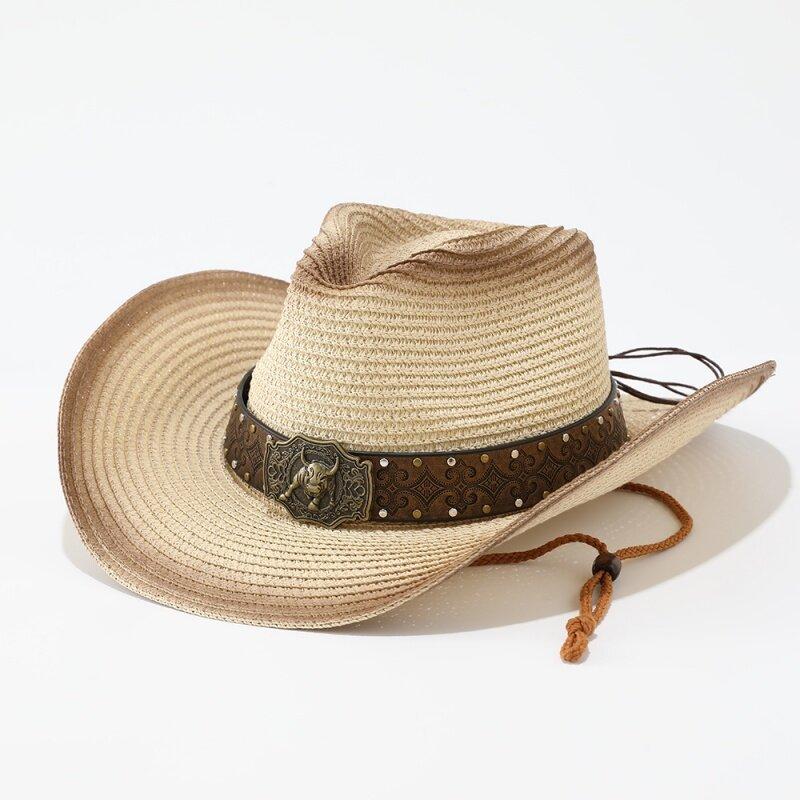European and American straw hat sunshade upturned brim hat children's outdoor fashion western cowboy hat men's casual retro sunscreen hat