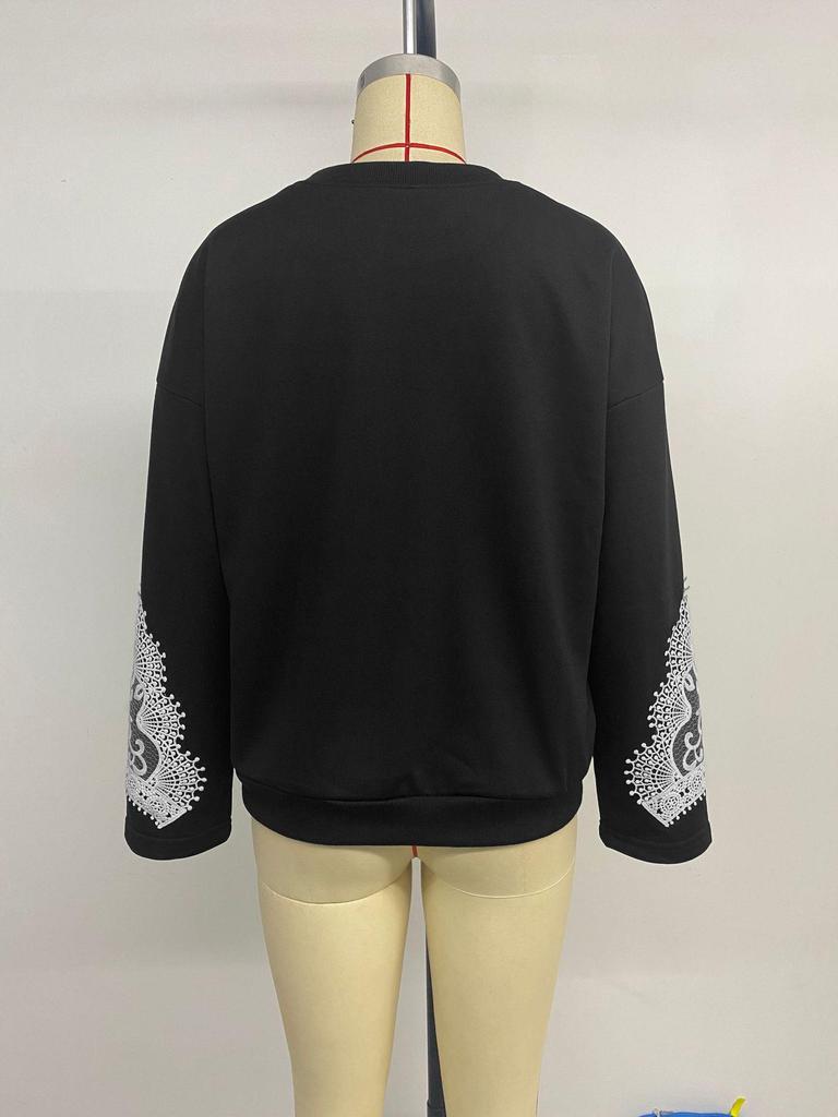 2025 Autumn Black Lace Patchwork Long Sleeve Casual Round Neck Hoodie for Women