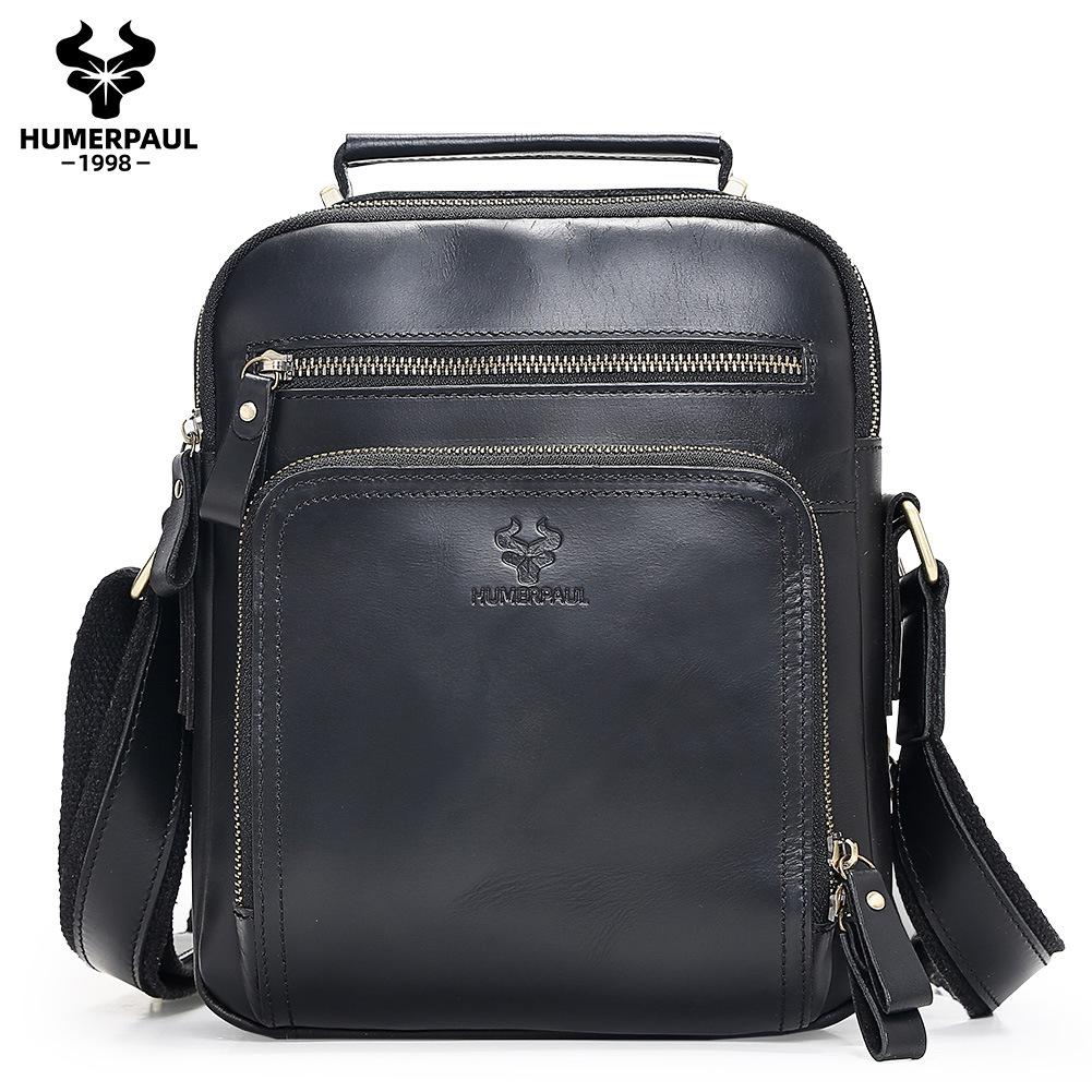 Hummer Paul Genuine Leather Crossbody Bag - Men s Crazy Horse Cowhide, Retro Texture, Single Shoulder, Commuter Backpack. чёрный