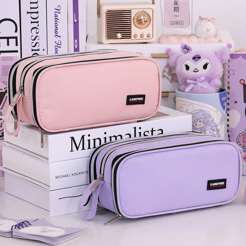 3 Compartment Pouch Double Side Opened Student Stationery Desk Organizer Makeup Bag Kawaii Pencil Case Large Space Storage
